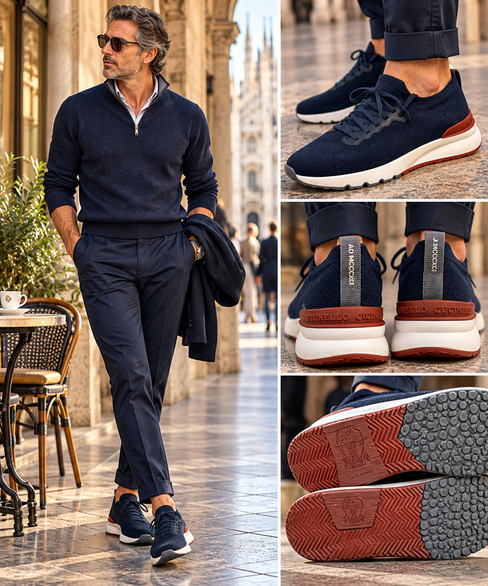 Brunello Cucinelli Mens EU 45 Navy Knit Runner Sneakers Luxury Made Italy